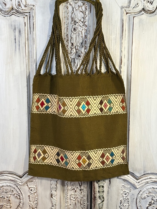 Handbags - Unbranded Olive Green Woven Tote with Geometric Embroidery